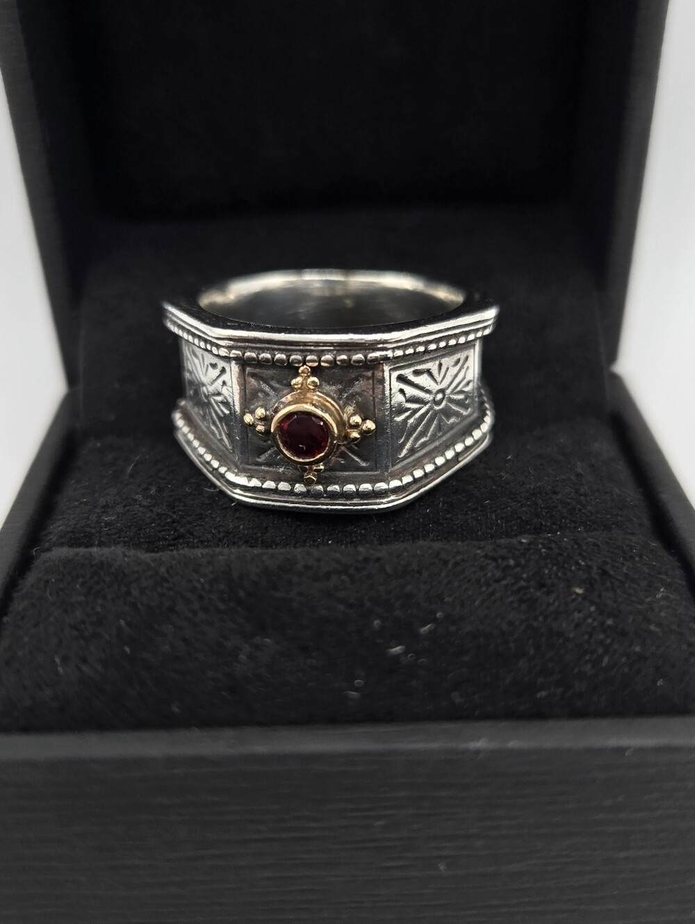 Gerochristo Sterling & 18k Wide Tapered Band Ring With Garnet
